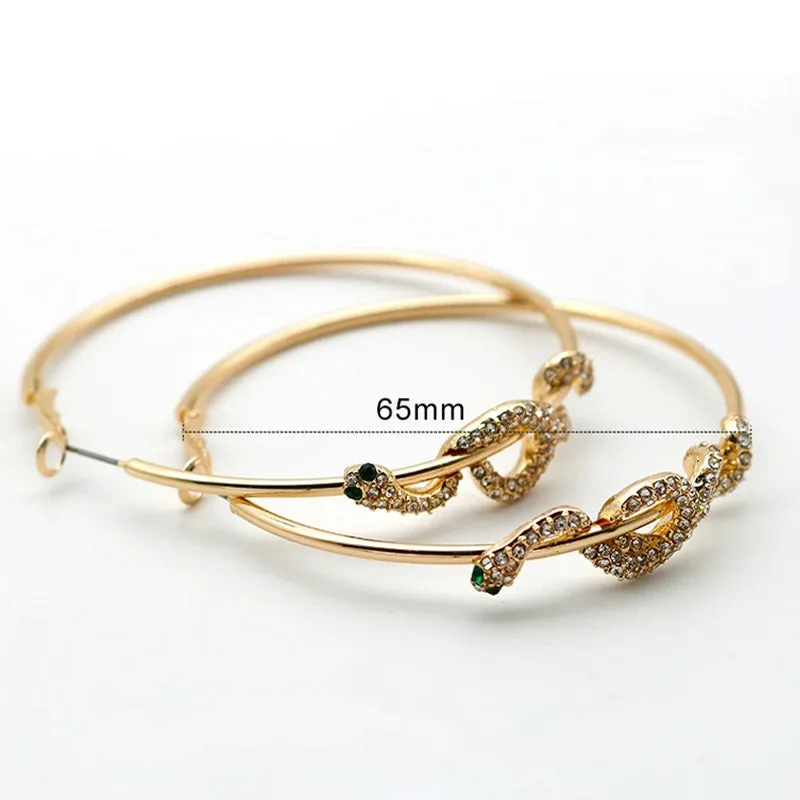 Gold Tone Crystal Rhinestone Snake Serpent Zircon Hoop Earrings